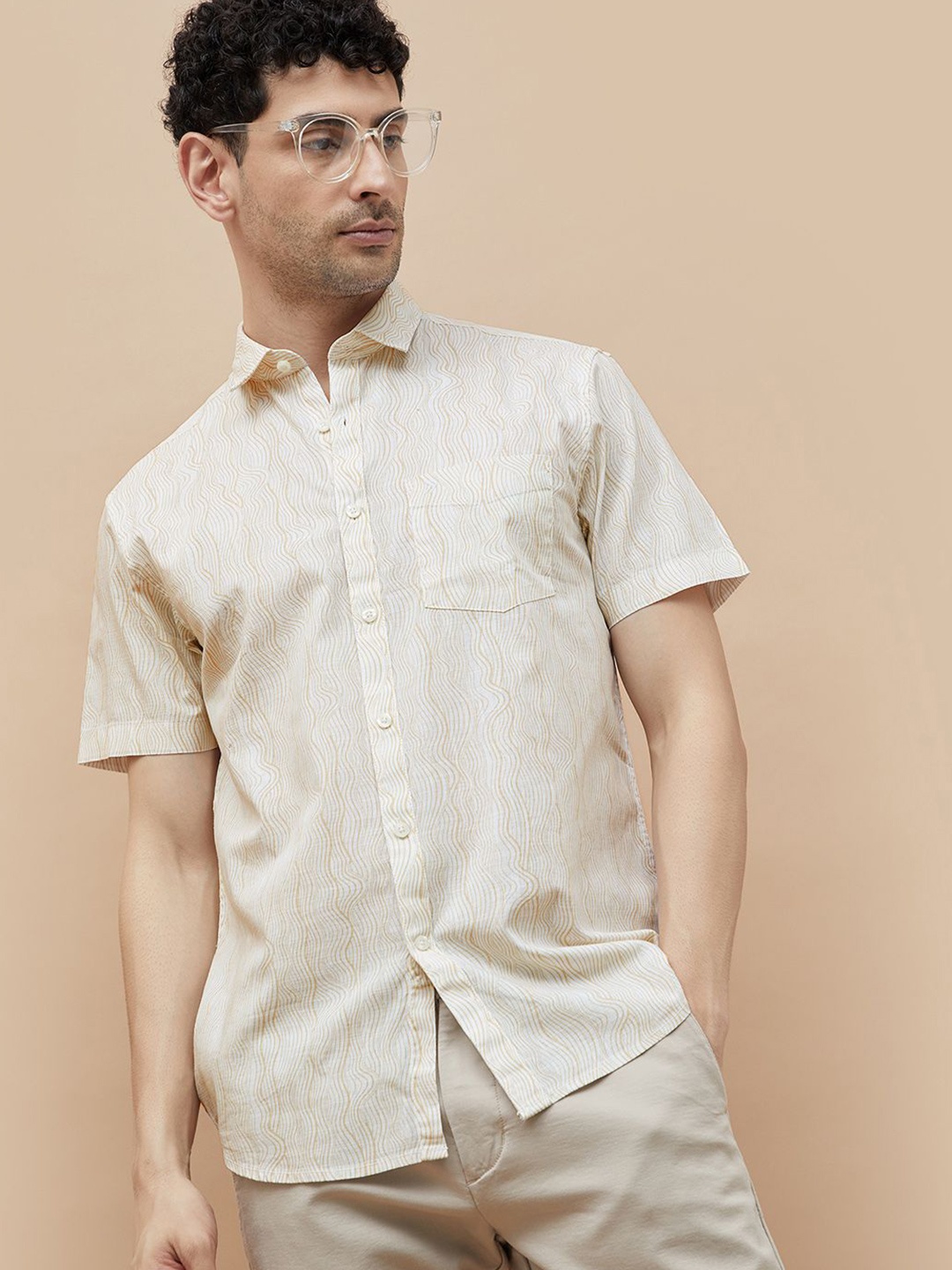 

CODE by Lifestyle Men Cutaway Collar Abstract Printed Cotton Casual Shirt, Beige