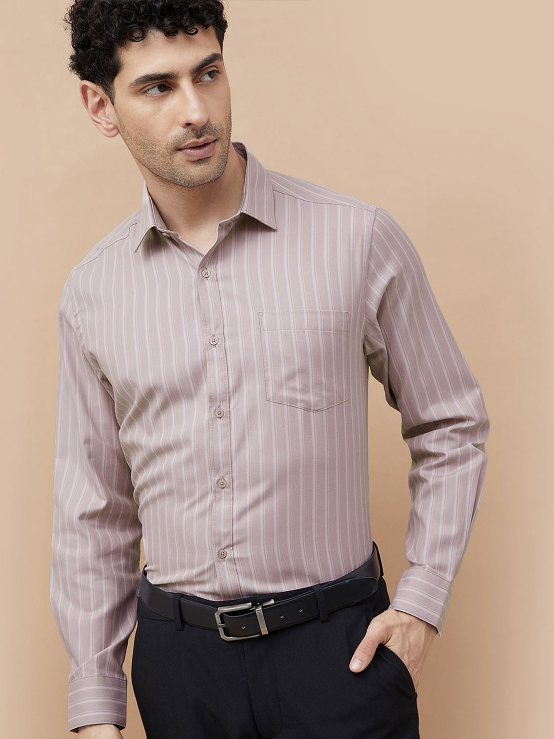 

CODE by Lifestyle Men Spread Collar Vertical Striped Cotton Formal Shirt, Taupe