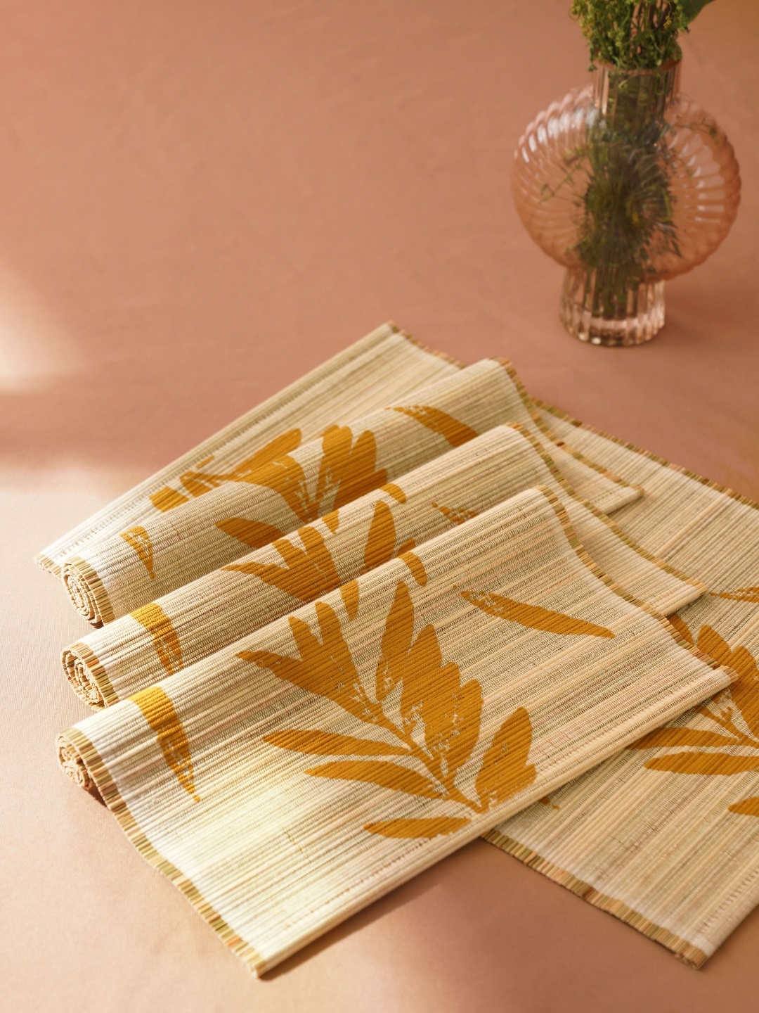 

JAYPORE Mustard Yellow & Beige 4 Pieces Floral Printed Cotton Table Placemats