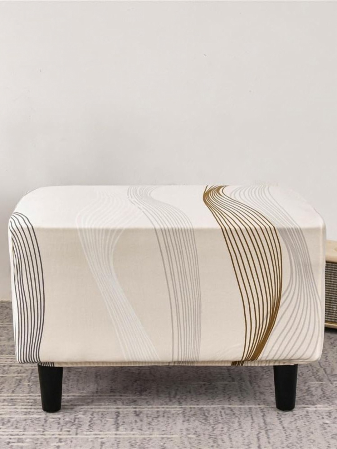 HOUSE OF QUIRK Beige & Cream Colored Printed Ottoman Slipcover