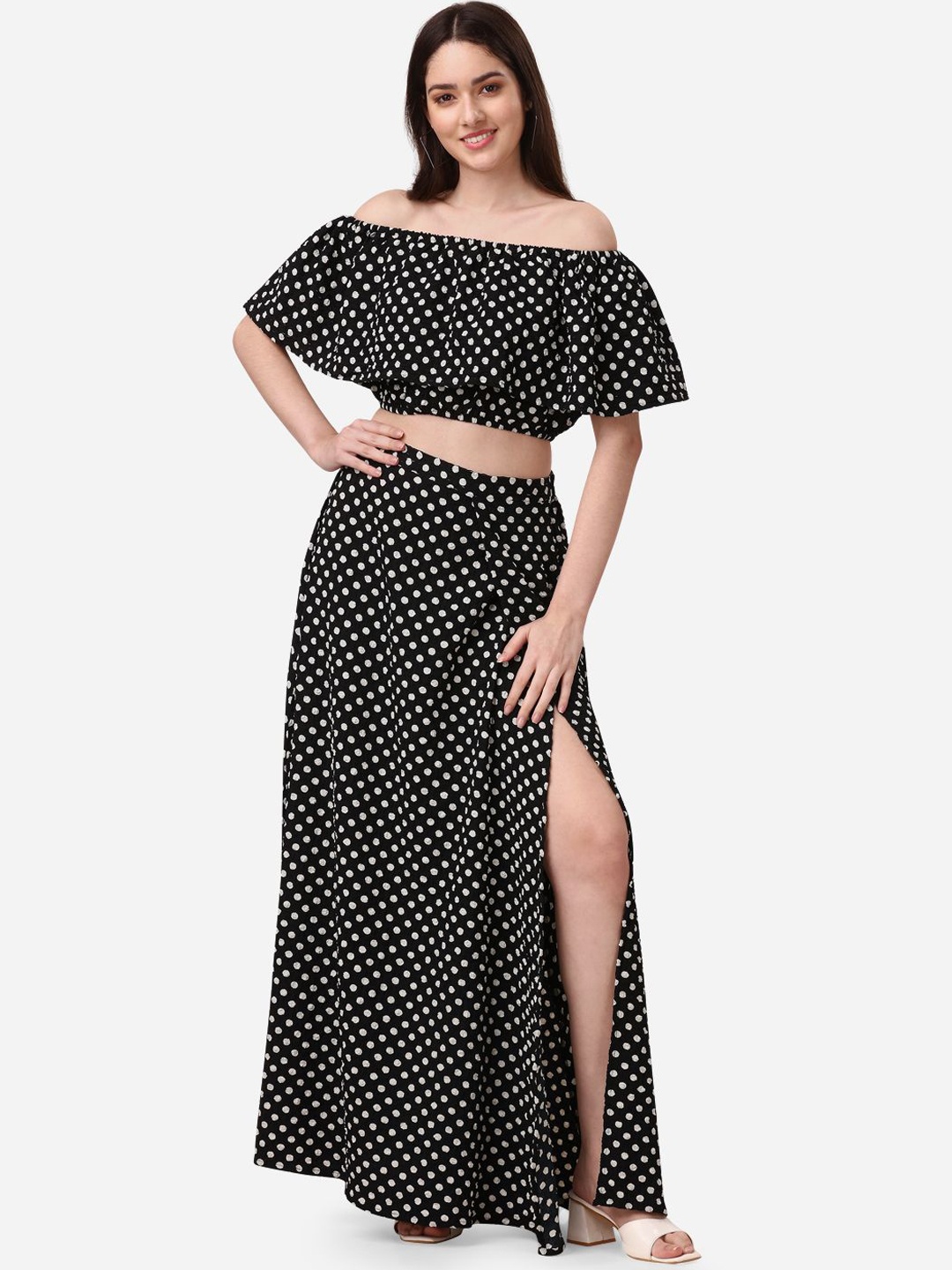 

DressBerry Black Printed Off-Shoulder Neck Short Sleeves Top With Skirt