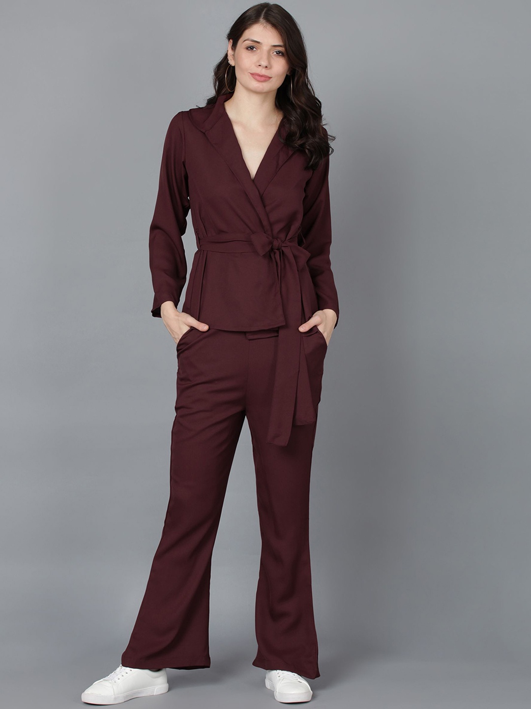 

DressBerry Maroon Shirt Collar Long Sleeve Top With Trouser