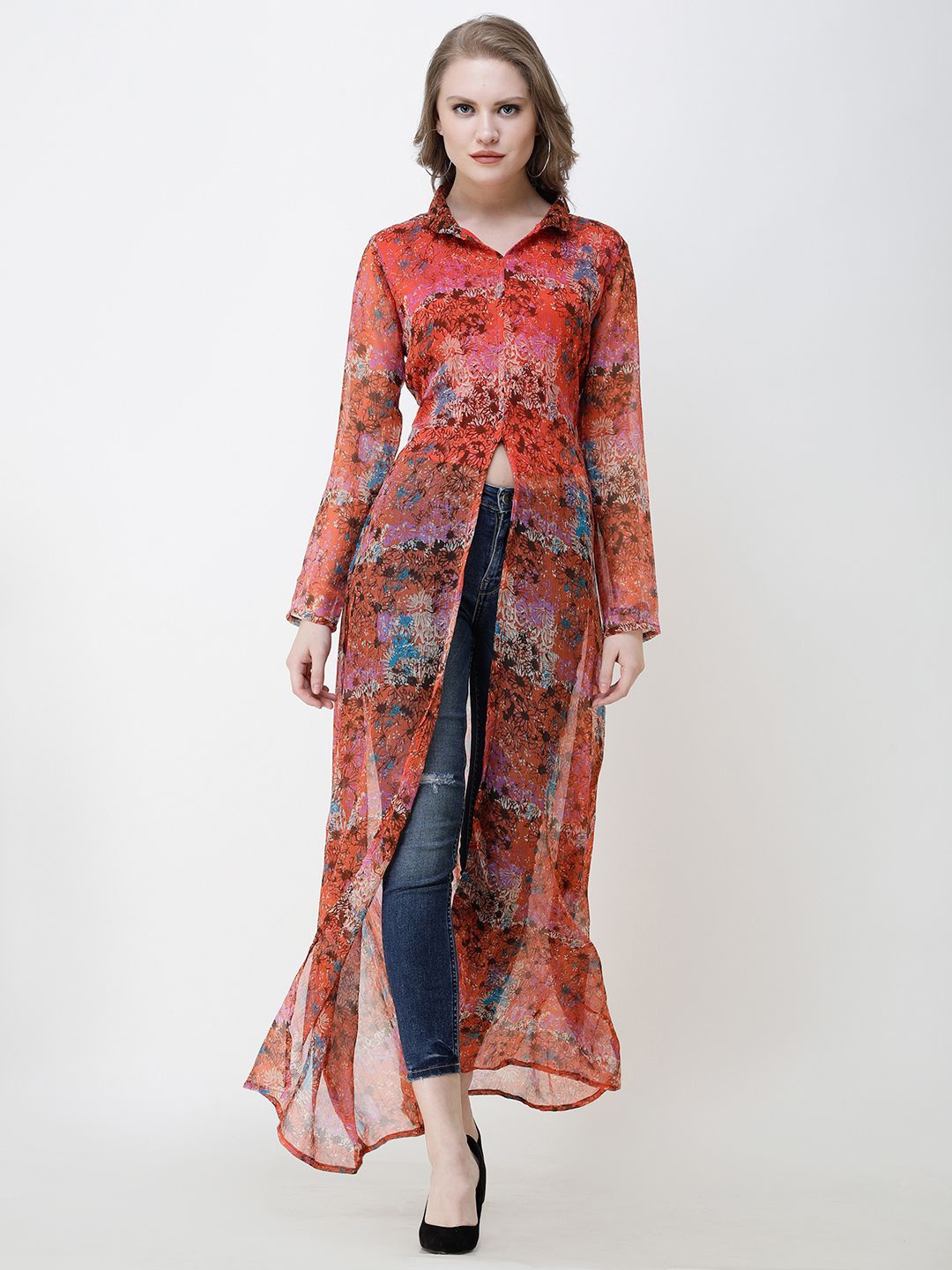 

BAESD Women Floral Printed Shirt Style Longline Top, Orange