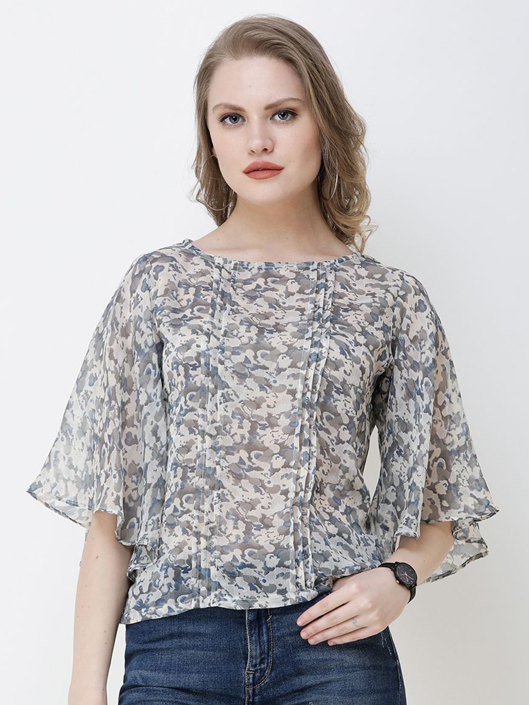 

BAESD Women Printed Boat Neck Flared Sleeves Crop Top, Grey