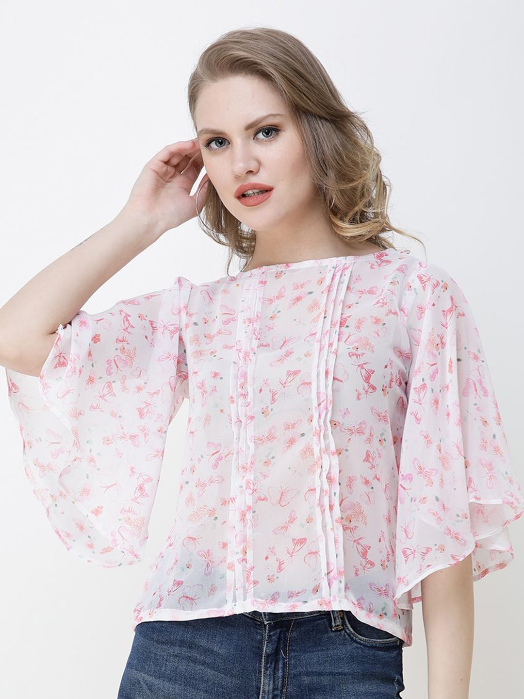 

BAESD Women Floral Printed Flared Sleeve Georgette Boxy Top, White