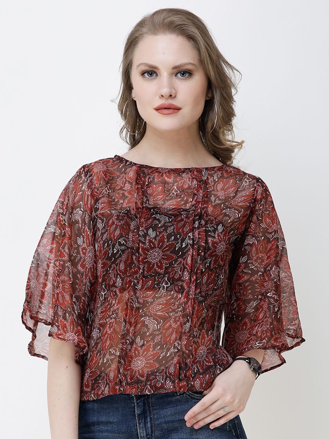 BAESD Women Printed Flared Sleeve Top, Maroon