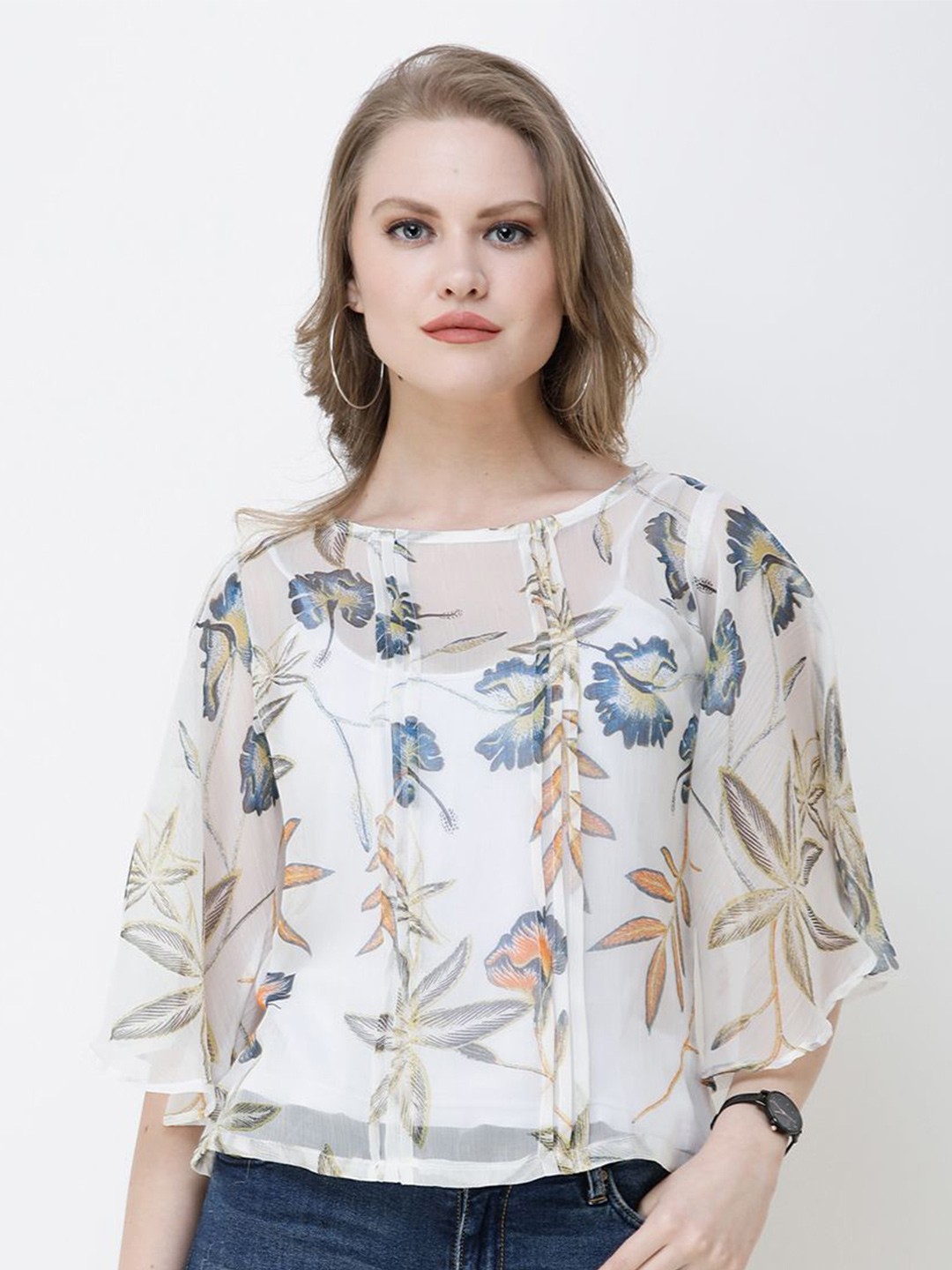 

BAESD Women Floral Printed Batwing Sleeve Chiffon Top, White