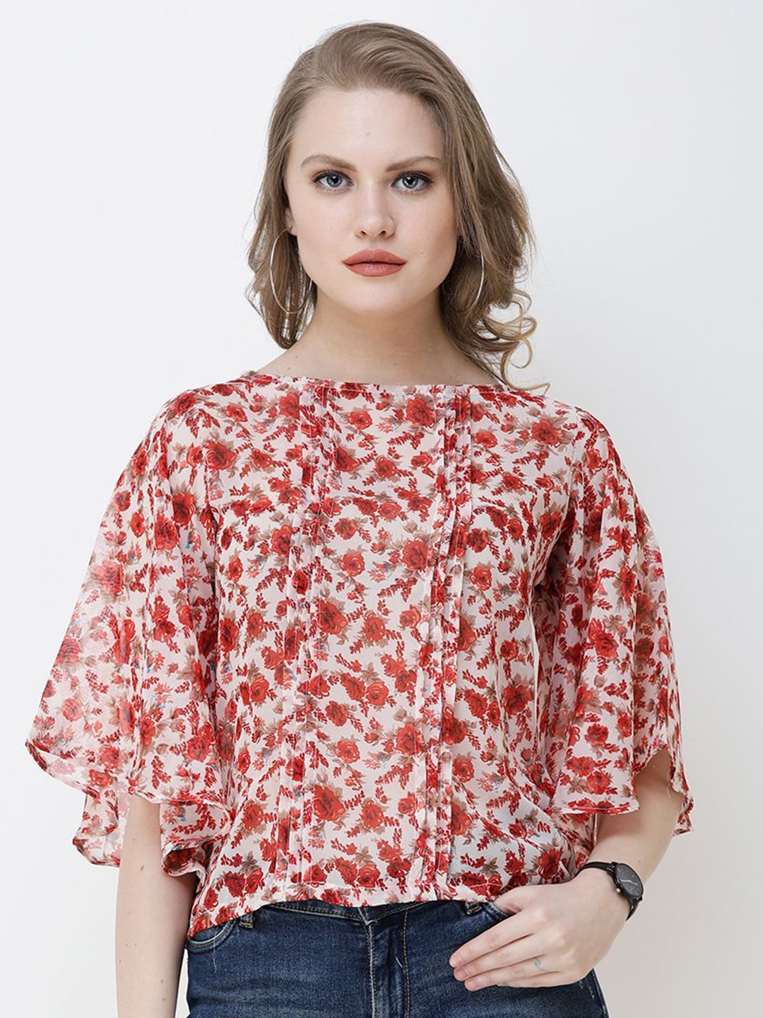 

BAESD Women Floral Printed Batwing Sleeves Georgette Top, Red