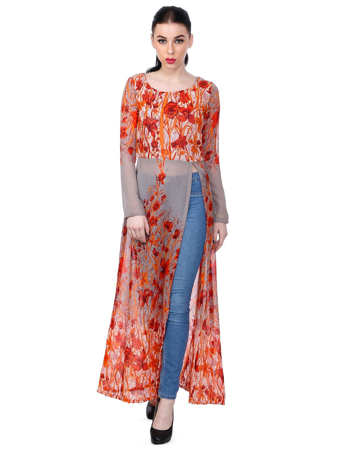 

BAESD Women Floral Print Georgette Maxi Top, Grey