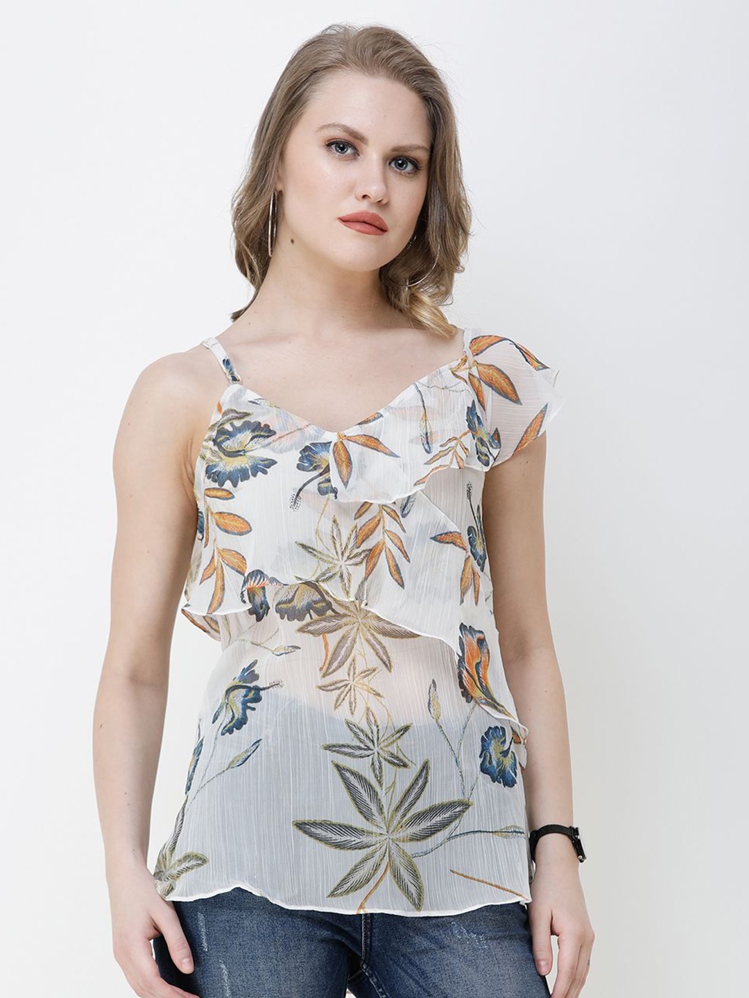 

BAESD Women Floral Printed Shoulder Straps Top, White