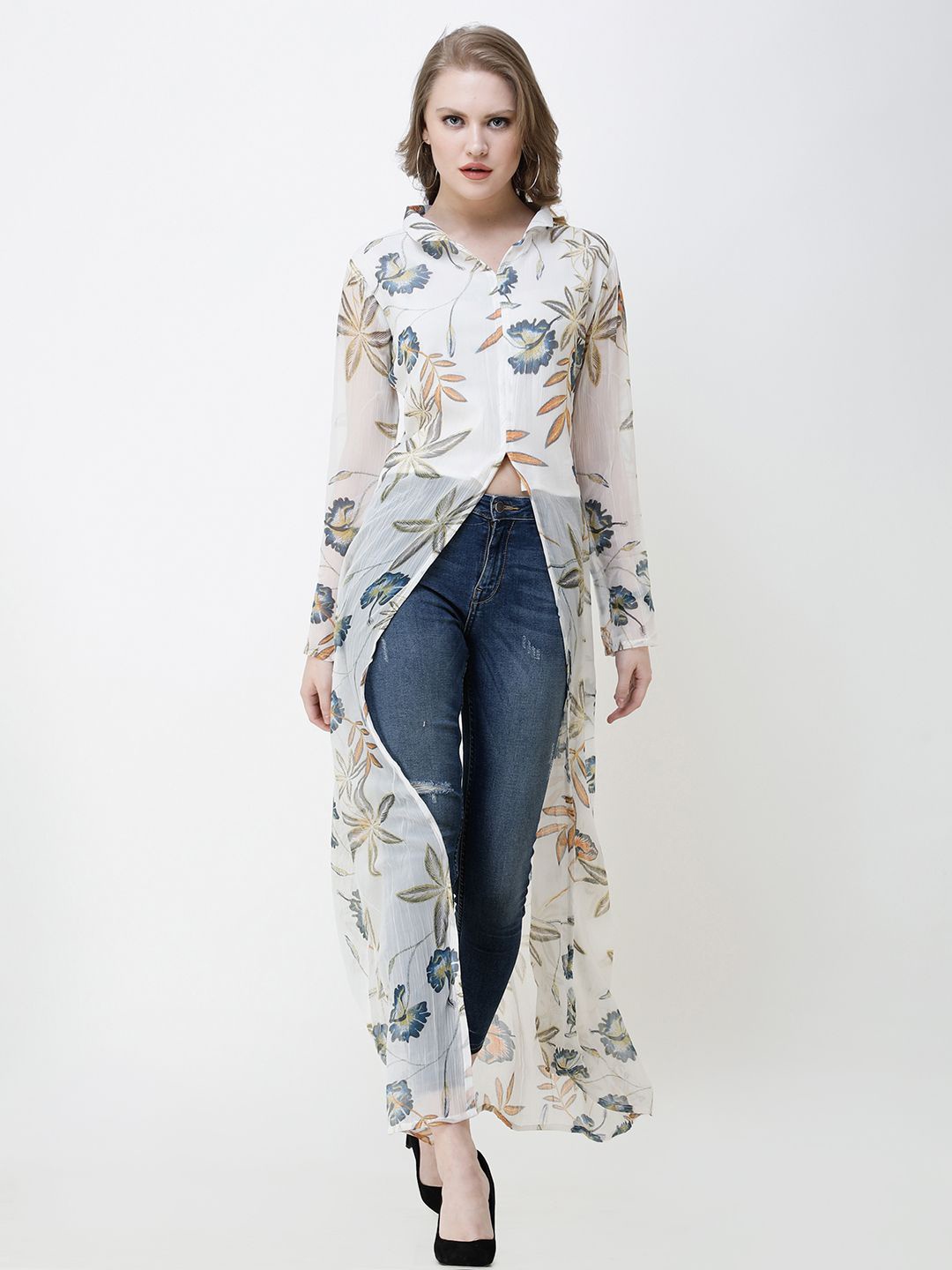 

BAESD Women Floral Printed High-Low Longline Top, White