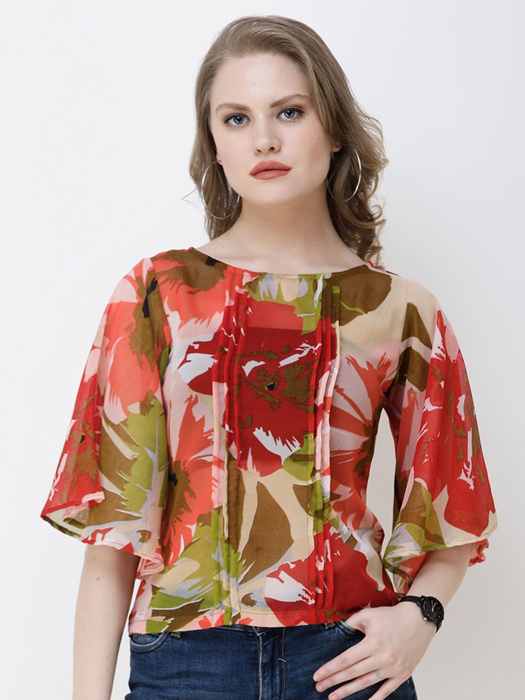

BAESD Women Floral Print Flared Sleeve Top, Red