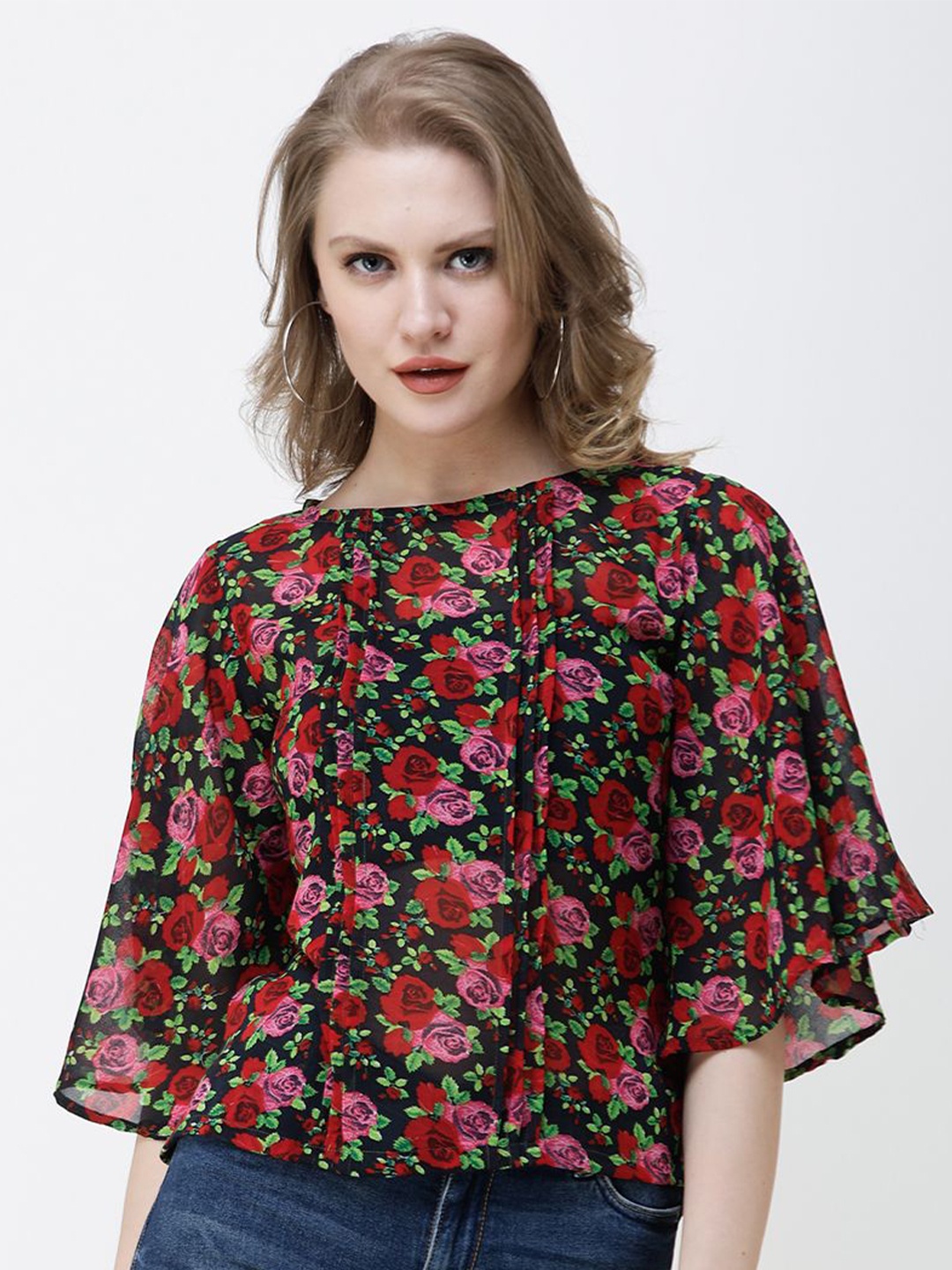 

BAESD Floral Print Flared Sleeve Top, Black