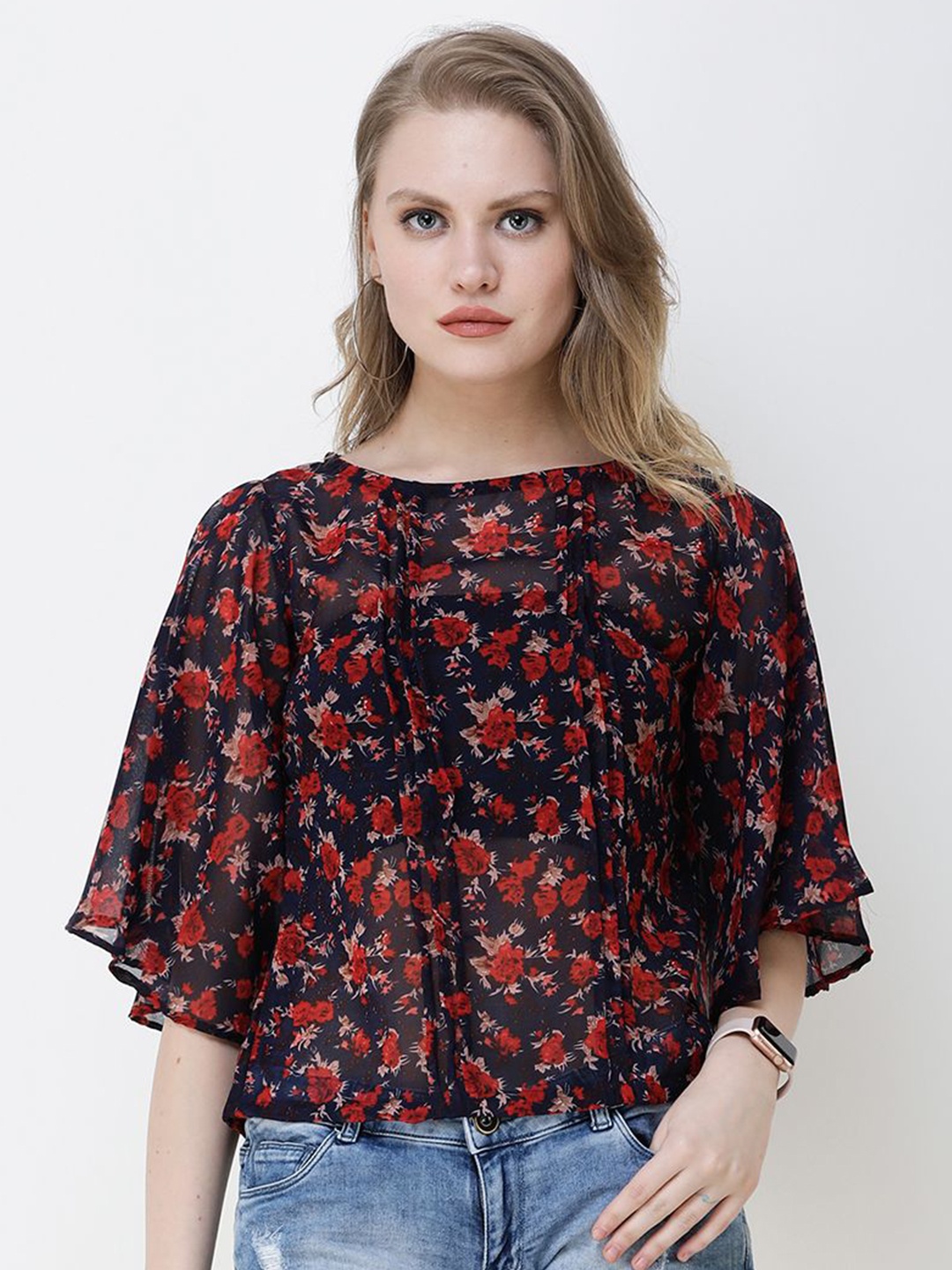 

BAESD Women Flared Sleeve Cape Top, Navy blue