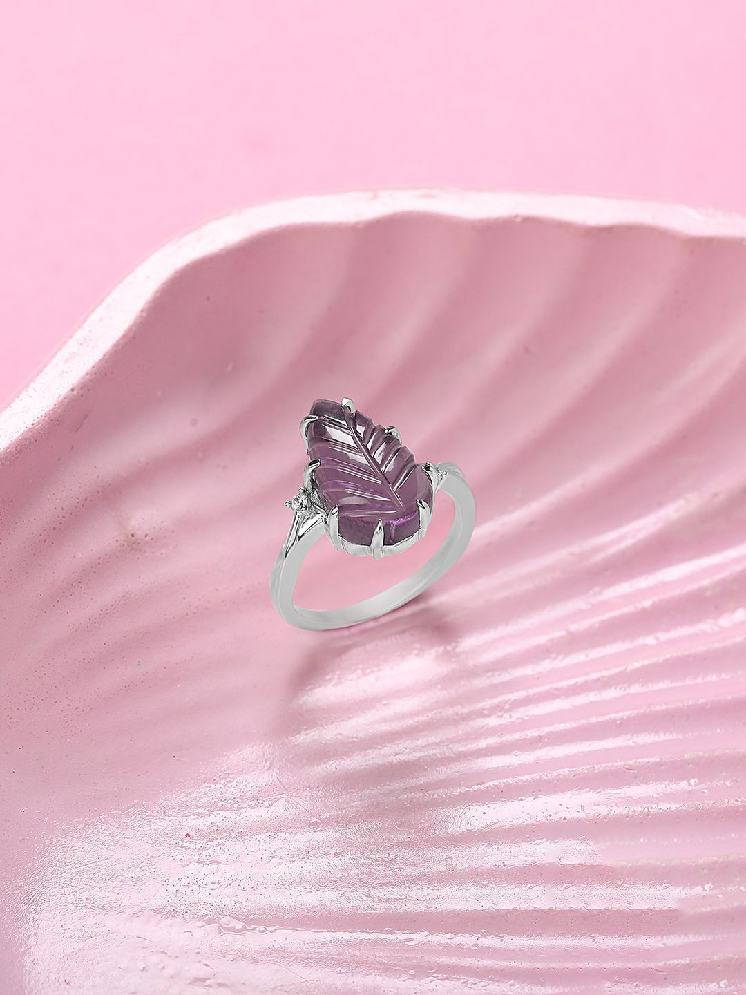 

Mia by Tanishq 92.5 Sterling Silver-Plated Amethyst-Studded Purple Fern Finger Ring
