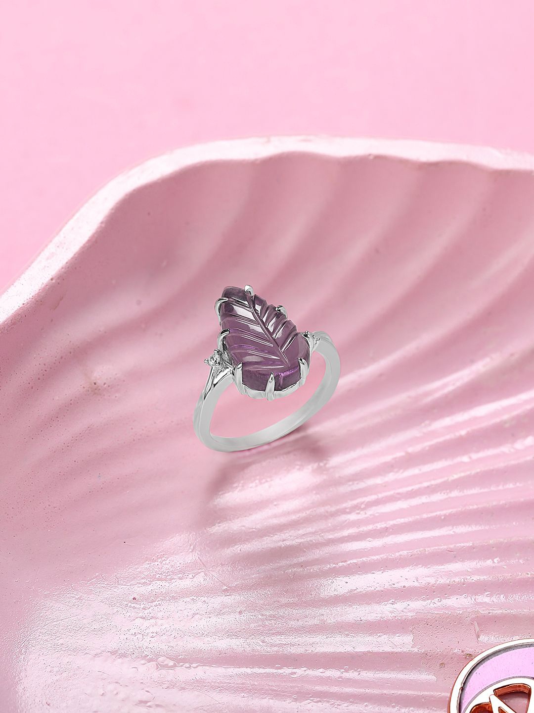 

Mia by Tanishq 92.5 Sterling Silver-Plated Amethyst Purple Fern Finger Ring