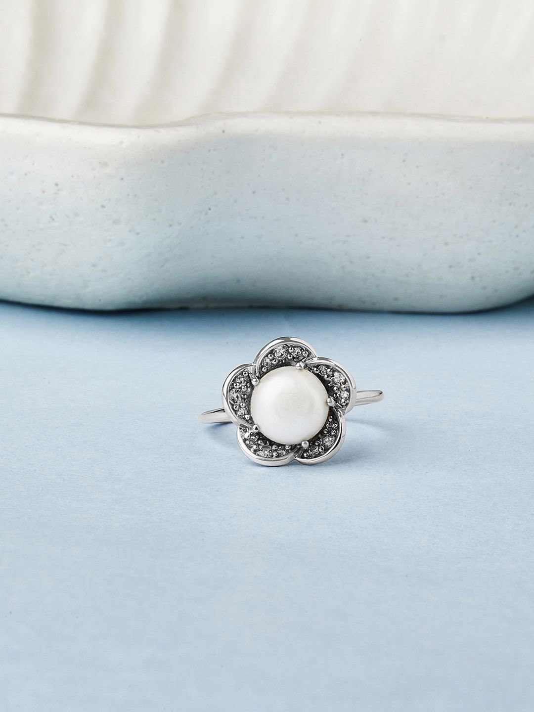 

Mia by Tanishq 92.5 Sterling Silver-Plated CZ Studded & Pearl Glided Blossom Finger Ring