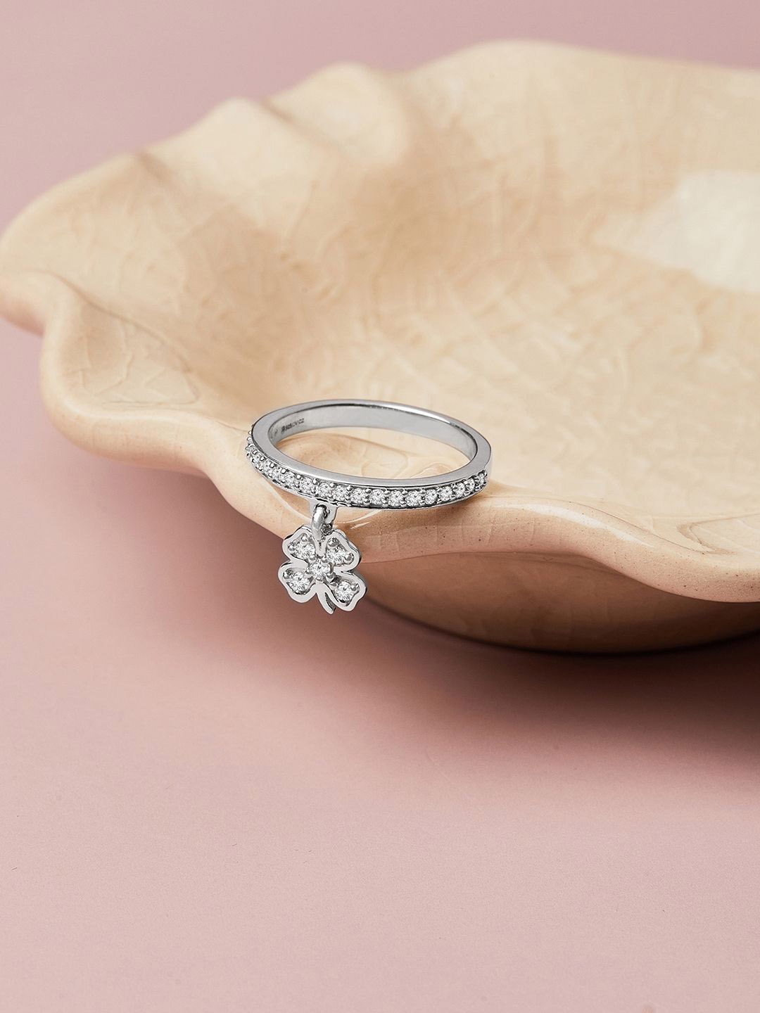 Mia by Tanishq 925 Silver-Plated Cubic Zirconia Studded Clover Bling Finger Ring