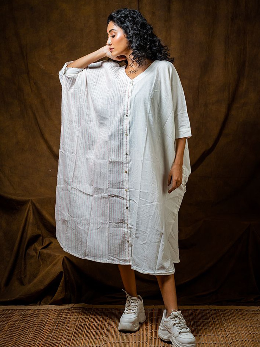 

Prathaa Women Cotton Bohemian Embroidered Kaftan Midi Dress, White