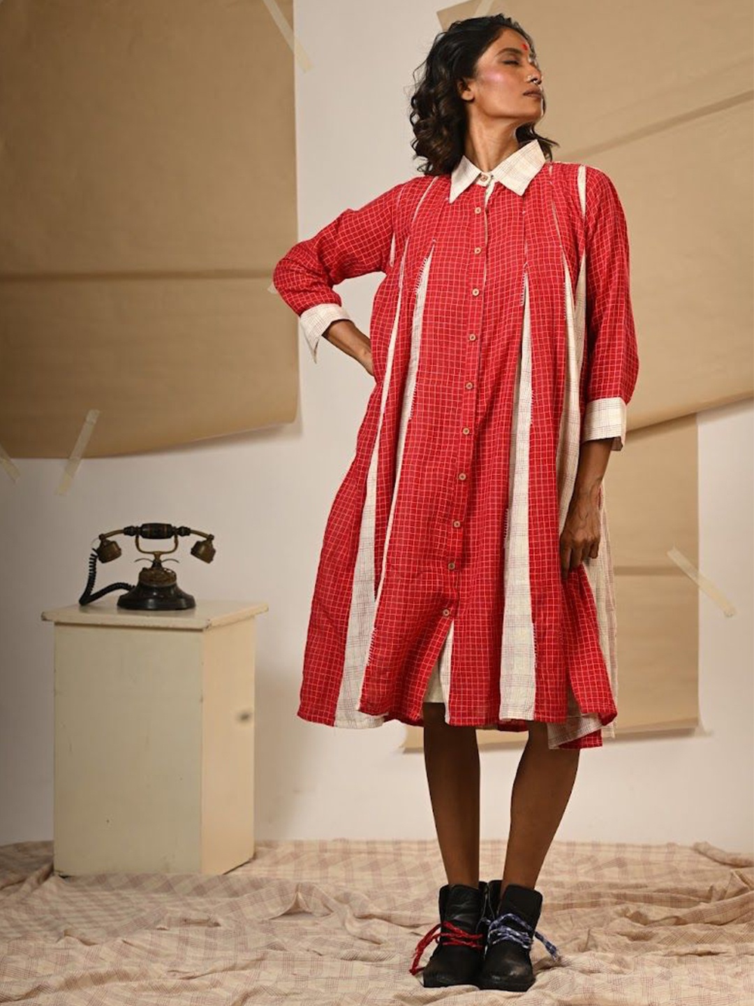 Prathaa Women Checked Shirt Collar A-Line Dress, Red