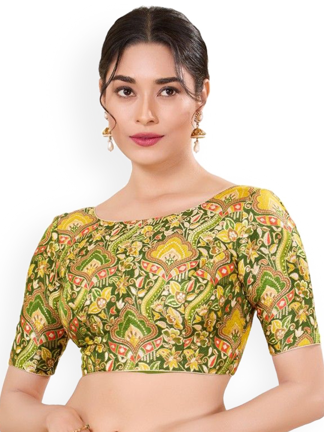 

Mmore Jacquard Round Neck Readymade Padded Blouse, Green