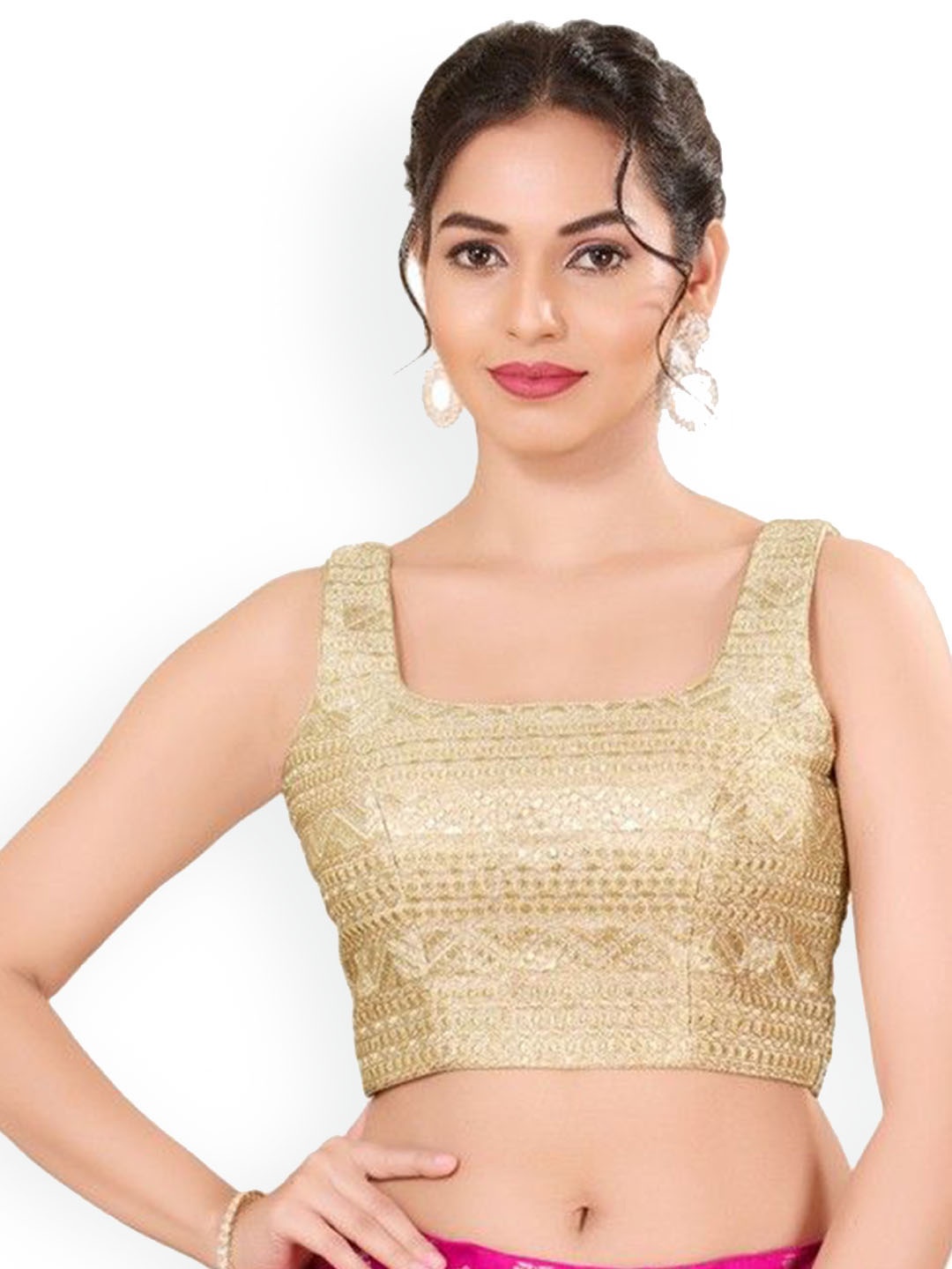 

Mmore Silk Round Neck Readymade Padded Blouse, Gold