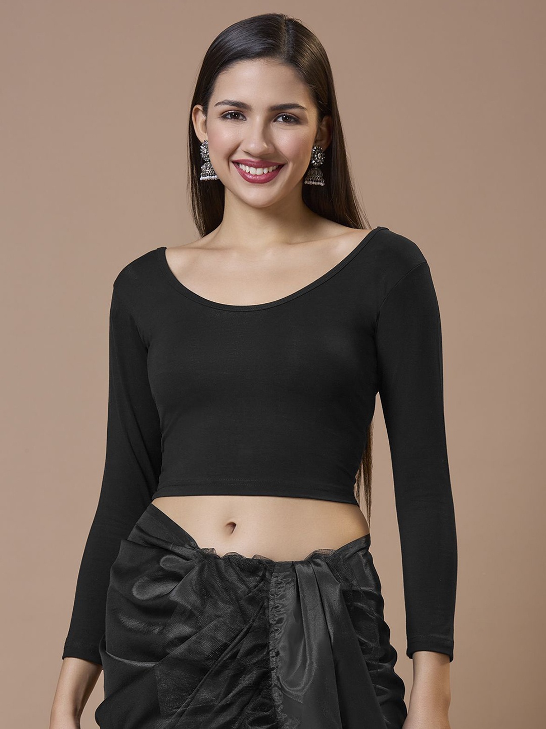 Mmore Round Neck Non Padded Readymade Blouse, Black