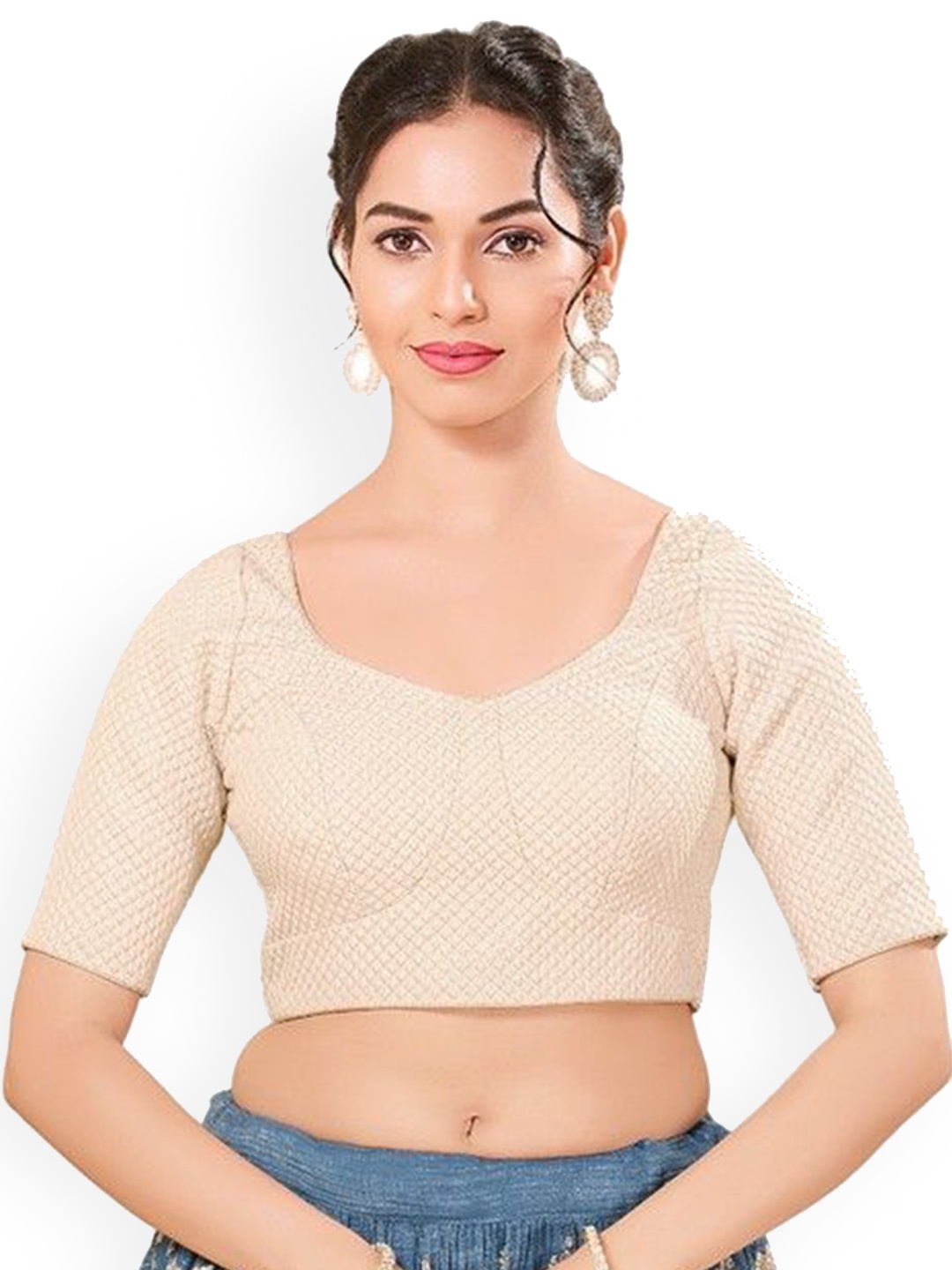 

Mmore Brocade Sweatheart Neck Readymade Padded Blouse, Beige