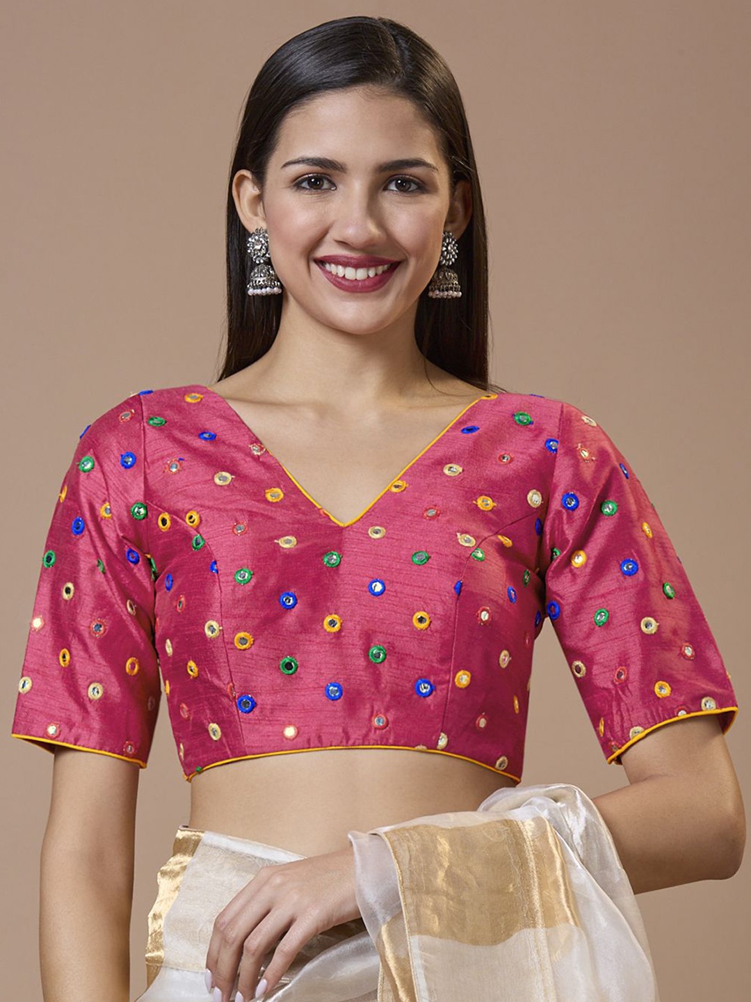 

Mmore Silk V Neck Readymade Padded Blouse, Pink
