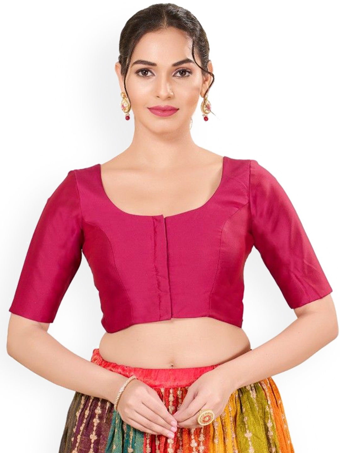 

Mmore Brocade Round Neck Readymade Padded Blouse, Pink