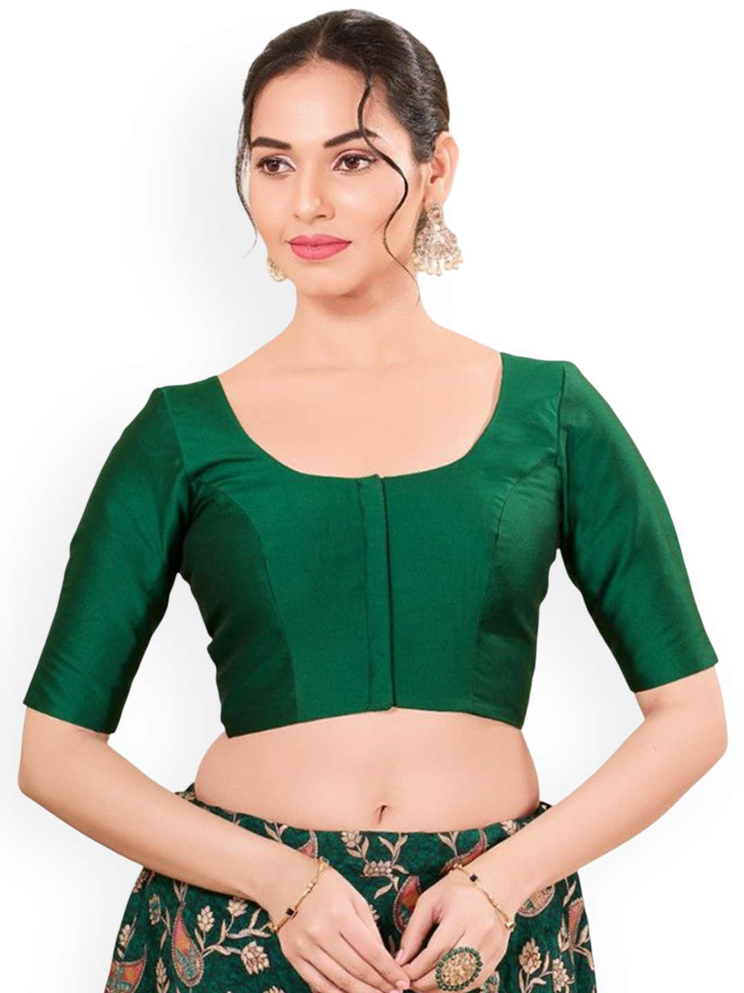 

Mmore Brocade Round Neck Readymade Padded Blouse, Green