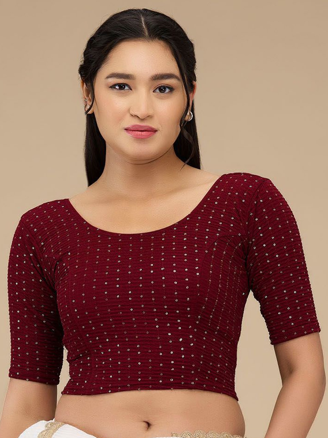 

Mmore Lycra Round Neck Non Padded Readymade Saree Blouse, Maroon