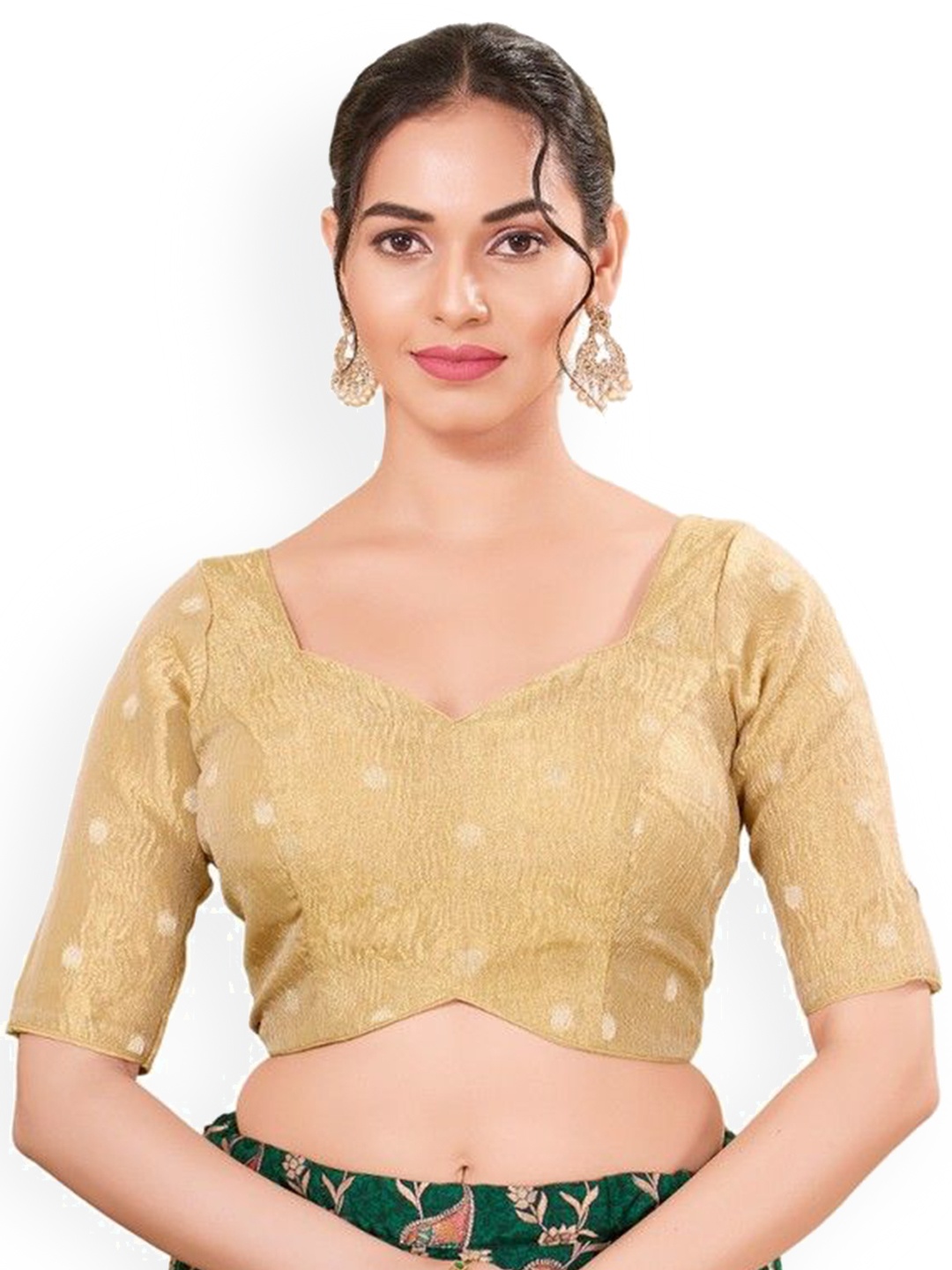 

Mmore Sweatheart Neck Readymade Padded Tissue Blouse, Gold