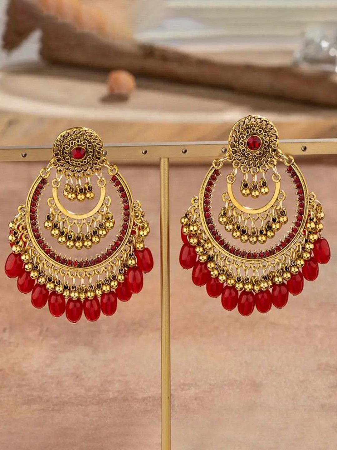 

DressBerry Gold-Plated Stone Studded & Beaded Bohemian Tasselled Chandbalis