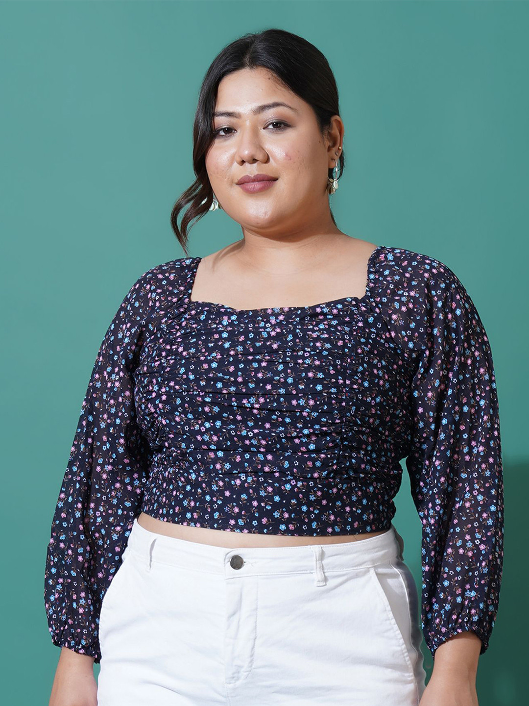 

U&F Beyond Women Plus Size Floral Printed Georgette Blouson Crop Top, Navy blue