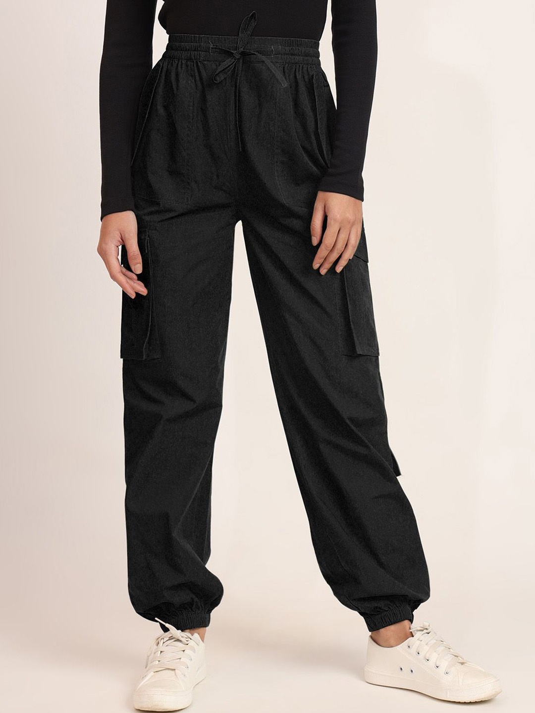 

CHARMGAL Women Cotton Mid-Rise Regular Fit Cargo Styles Joggers, Black