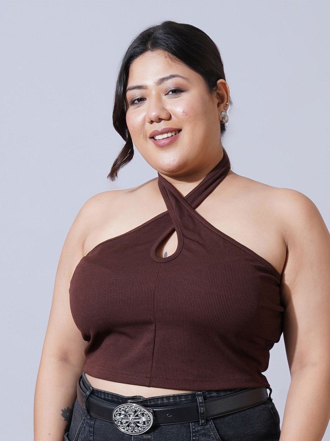 

U&F Beyond Women Plus Size Keyhole Neck Crepe Fitted Crop Top, Brown