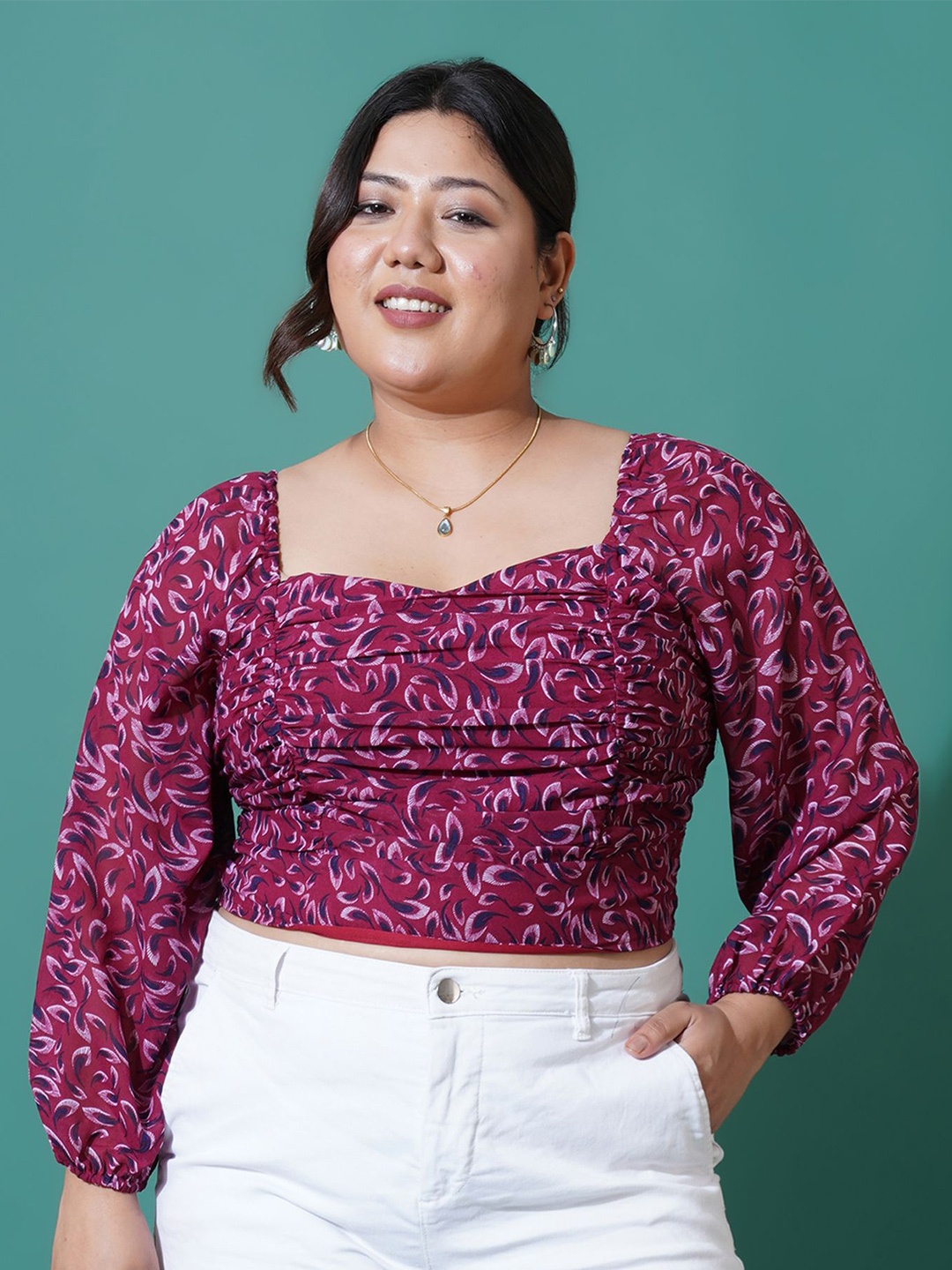 

U&F Beyond Plus Size Printed Georgette Blouson Crop Top, Purple