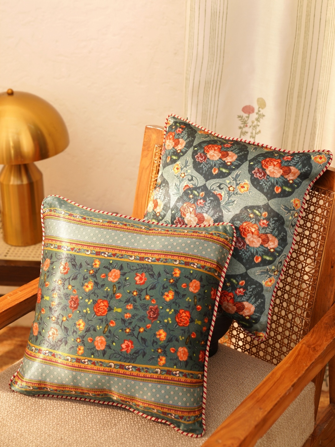 

JAYPORE Green & Orange Colored 2 Pieces Floral Printed Square Cushion Covers