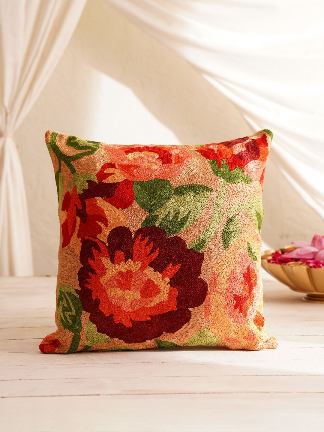 

JAYPORE Red & Beige Floral Embroidered Cotton Silk Square Cushion Cover