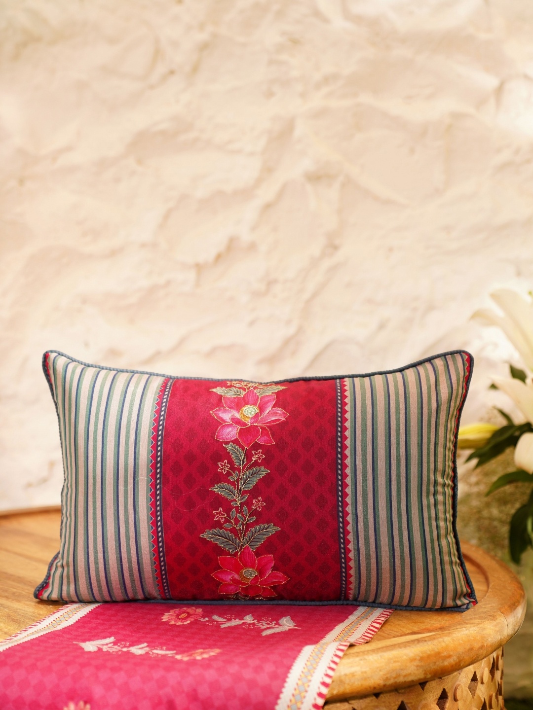 

JAYPORE Red & Blue Floral Printed Rectangle Cushion Cover