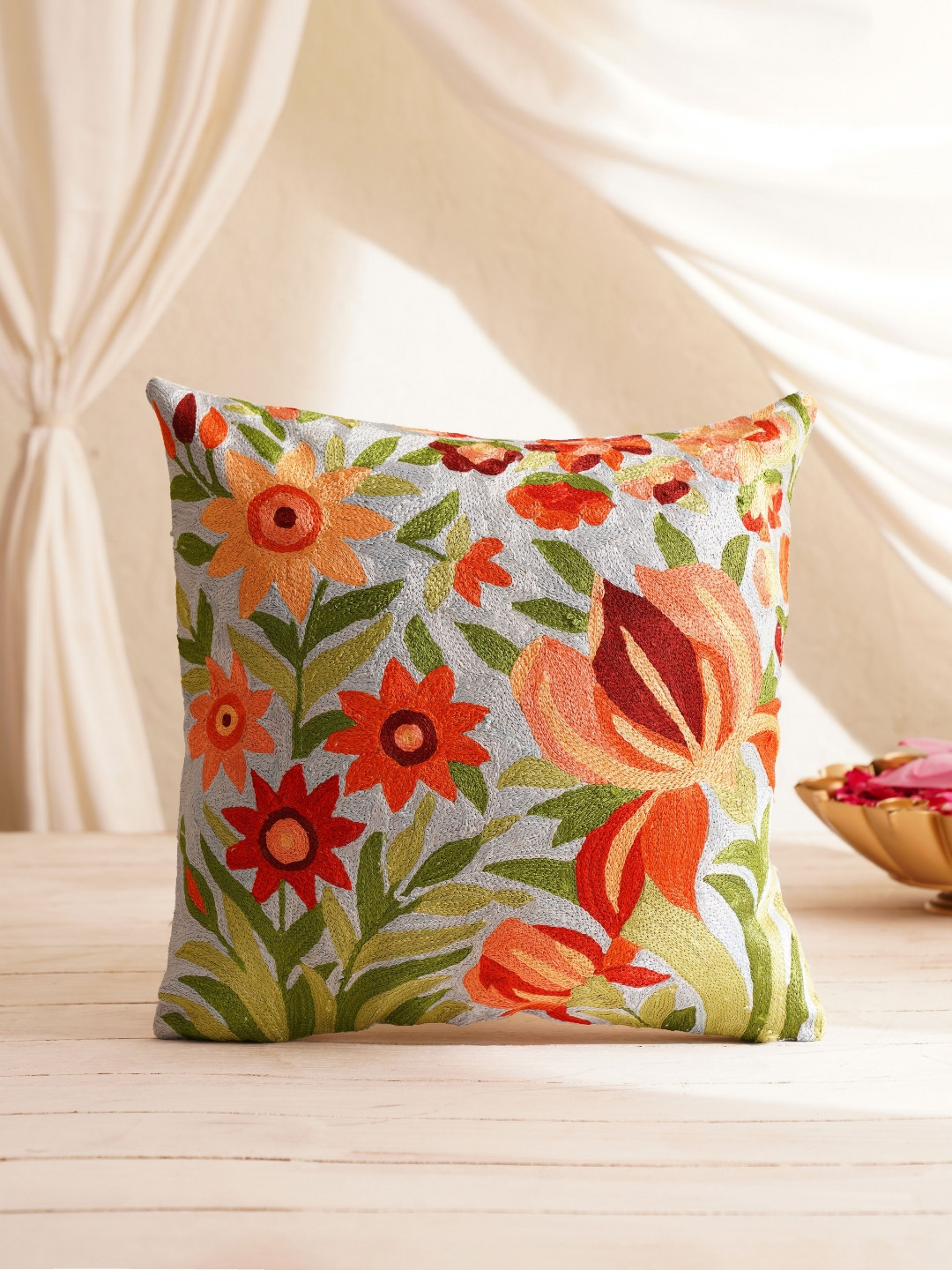 

JAYPORE White & Green Floral Embroidered Cotton Silk Square Cushion Cover