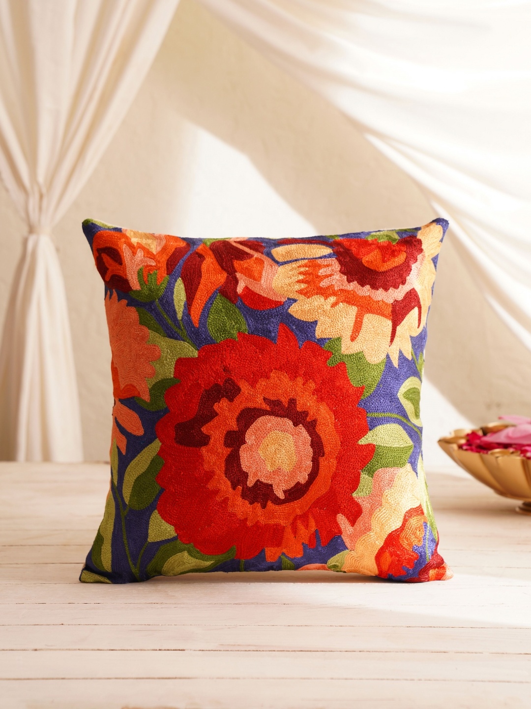 

JAYPORE Red & Blue Floral Embroidered Cotton Silk Square Cushion Cover