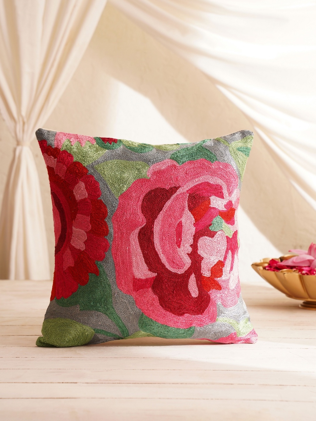 

JAYPORE Green & Pink Floral Embroidered Cotton Silk Square Cushion Cover