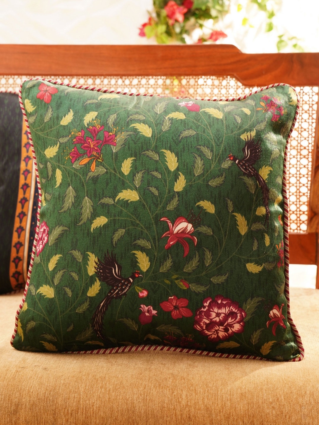 

JAYPORE Green & Pink Floral Printed Square Cushion Cover