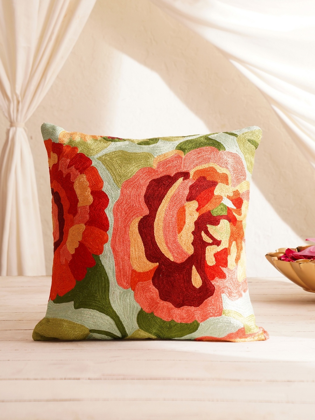 

JAYPORE Green & Red Floral Embroidered Cotton Silk Square Cushion Cover