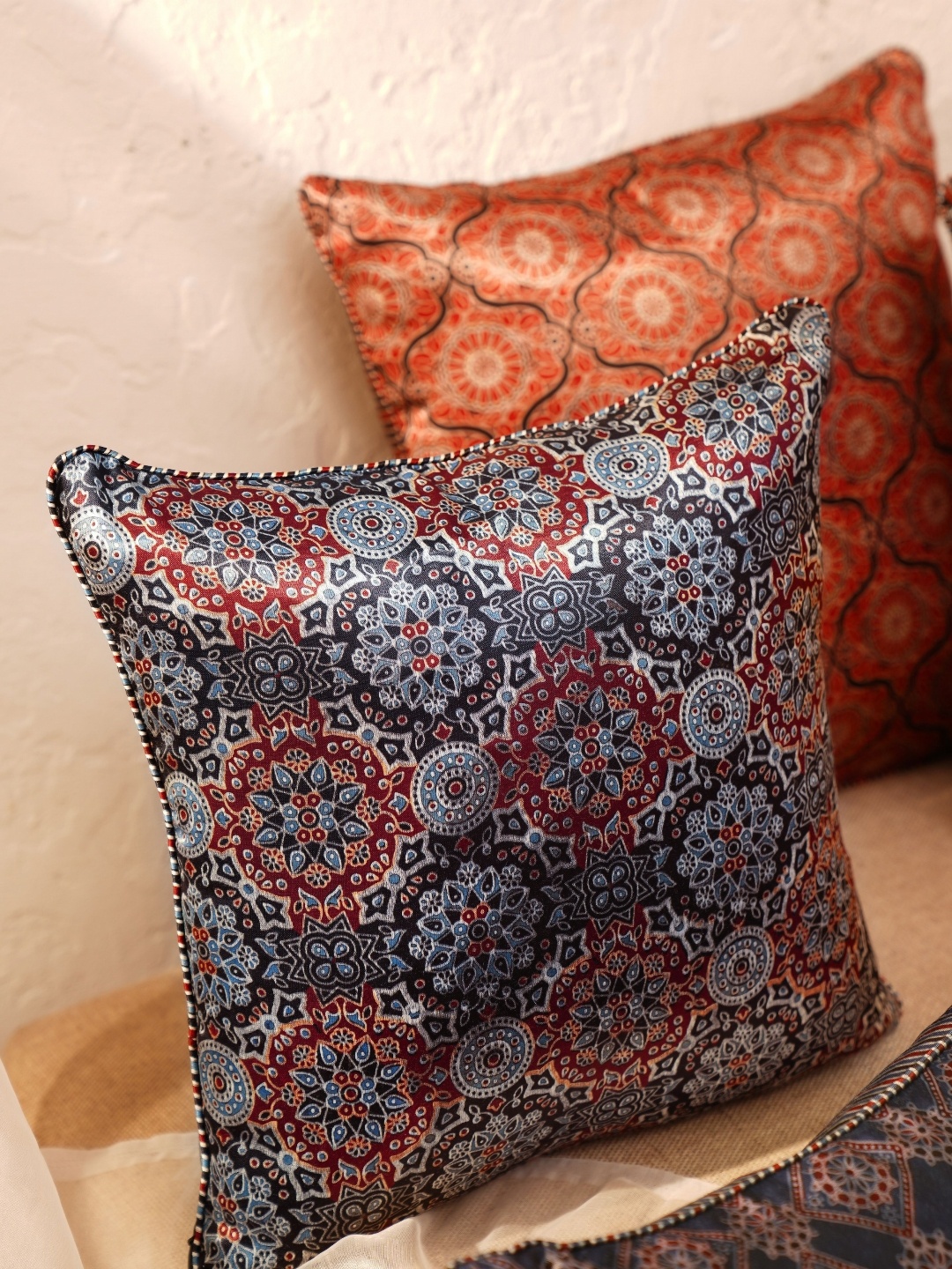 

JAYPORE Navy Blue & Orange Colored Ethnic Motifs Printed Square Cushion Cove