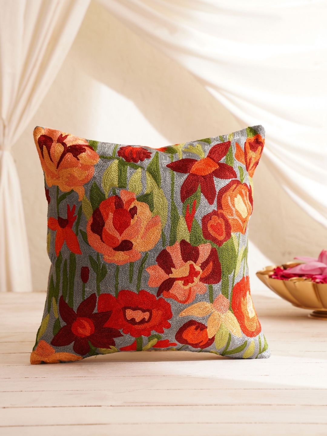 

JAYPORE Grey & Red Floral Embroidered Cotton Silk Square Cushion Cover