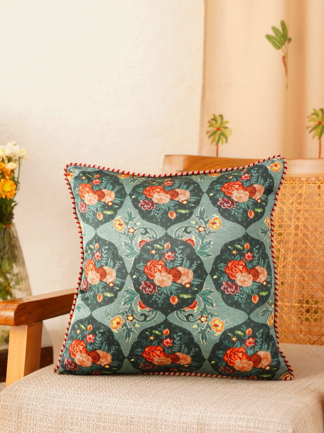

JAYPORE Green & Red Floral Printed Square Cushion Cover