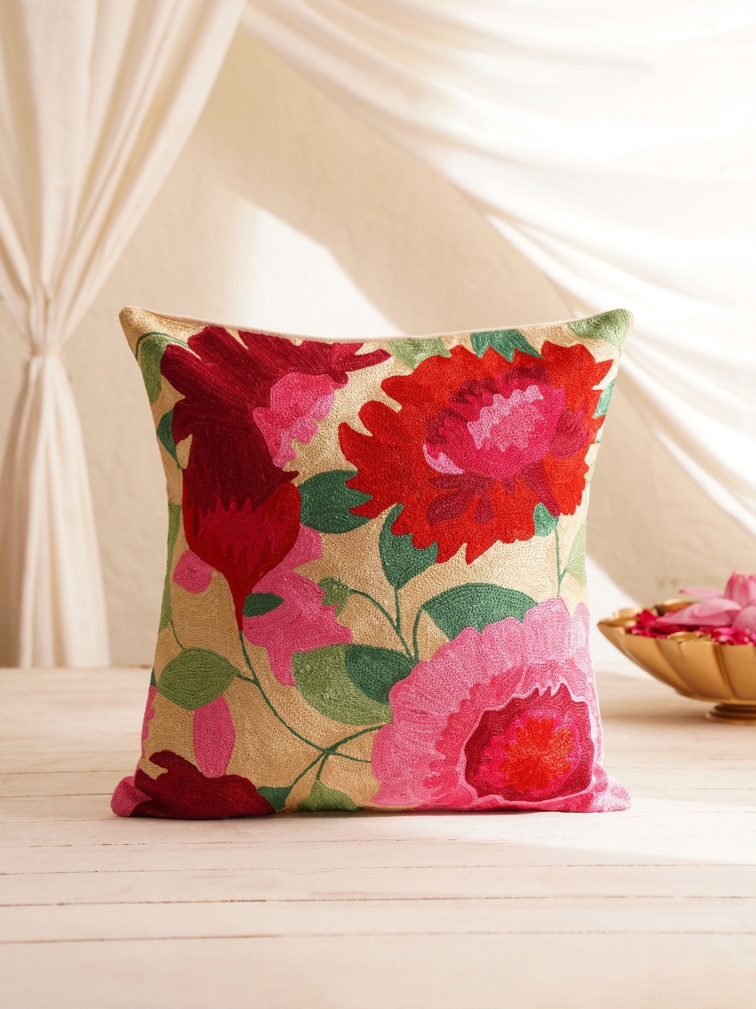 

JAYPORE Red & Pink Floral Embroidered Cotton Silk Square Cushion Cover